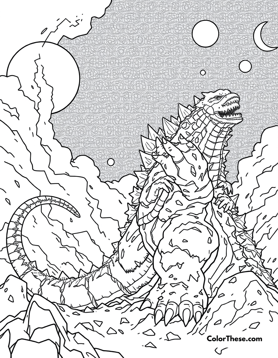 Free printable godzilla vs. spacegodzilla coloring page for kids and adults - A godzilla battling the cosmic spacegodzilla.