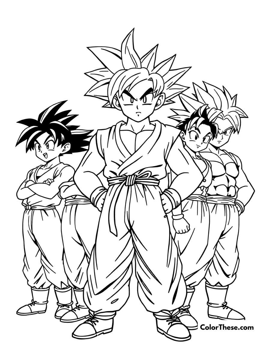 Free printable goku and his friends coloring page for kids and adults - A goku (dragon ball) standing with his friends, ready for adventure.