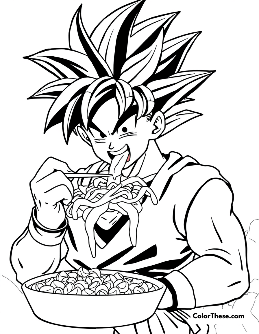 Free printable goku eating a feast coloring page for kids and adults - A goku (dragon ball) enjoying a massive meal after training.