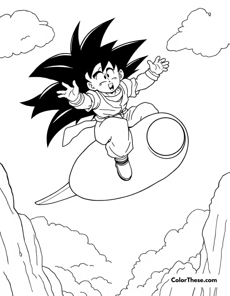 Free printable goku riding the flying nimbus coloring page for kids and adults - A goku (dragon ball) riding the flying nimbus through the sky.