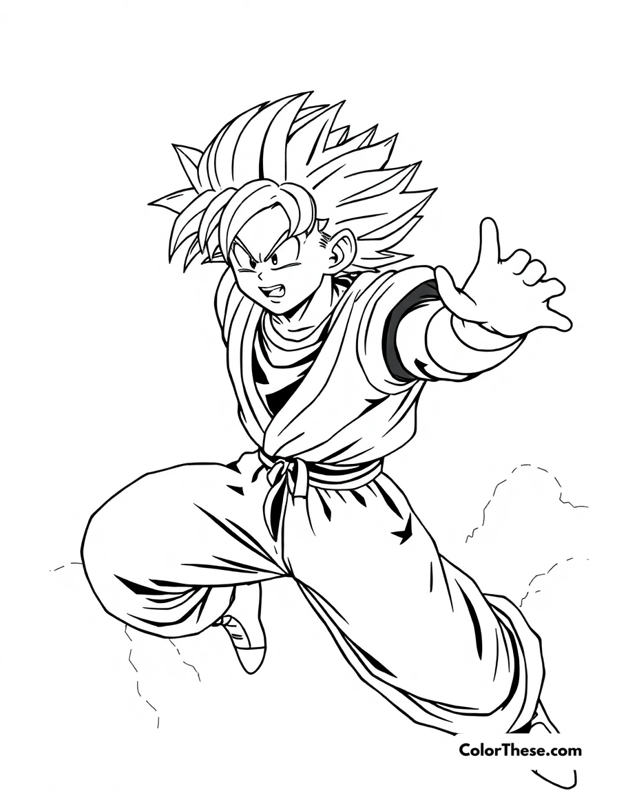 Free printable goku flying through the sky coloring page for kids and adults - A goku (dragon ball) soaring through the sky with a determined look.