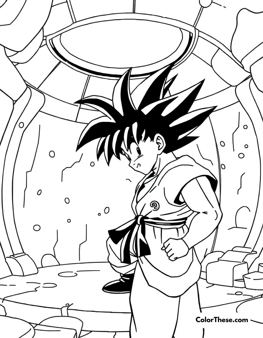 Free printable goku in the hyperbolic time chamber coloring page for kids and adults - A goku (dragon ball) training in the hyperbolic time chamber.