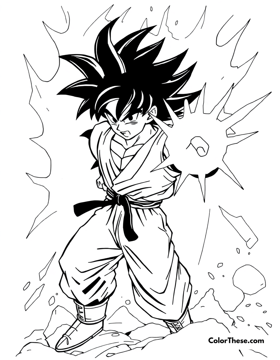 Free printable goku using the kamehameha coloring page for kids and adults - A goku (dragon ball) unleashing his signature kamehameha attack.