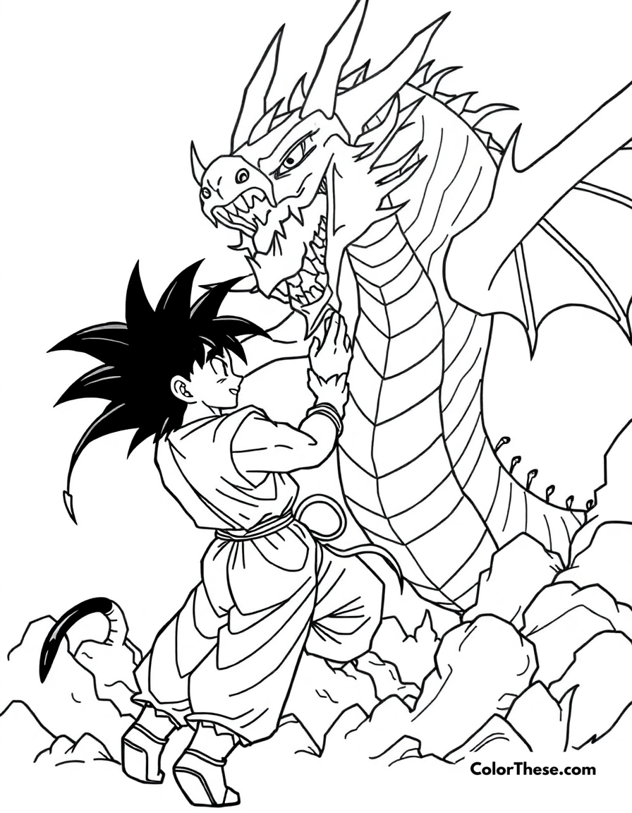 Free printable goku and shenron coloring page for kids and adults - A goku (dragon ball) summoning shenron, the eternal dragon.