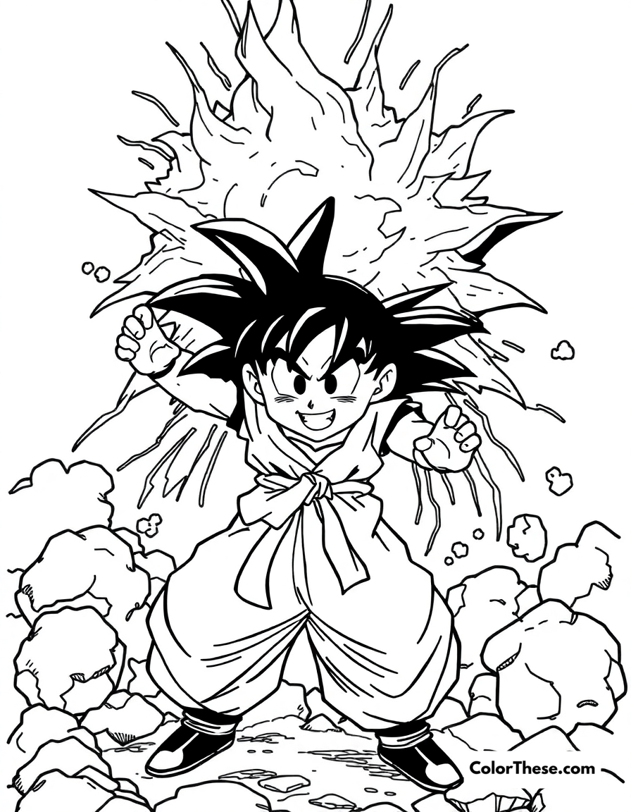 Free printable goku in the spirit bomb pose coloring page for kids and adults - A goku (dragon ball) gathering energy for the spirit bomb.