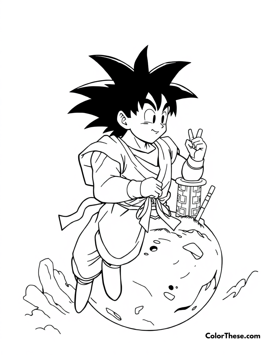 Free printable goku training with king kai coloring page for kids and adults - A goku (dragon ball) training under king kai on his tiny planet.