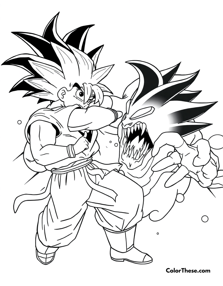 Free printable goku vs. cell coloring page for kids and adults - A goku (dragon ball) battling the bio-engineered monster, cell.