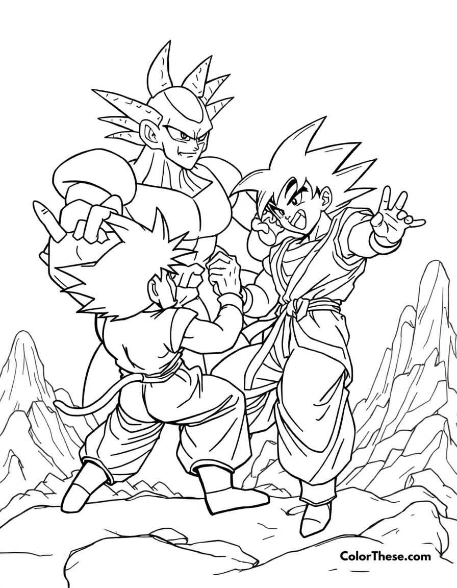 Free printable goku vs. frieza coloring page for kids and adults - A goku (dragon ball) battling the tyrant frieza on planet namek.