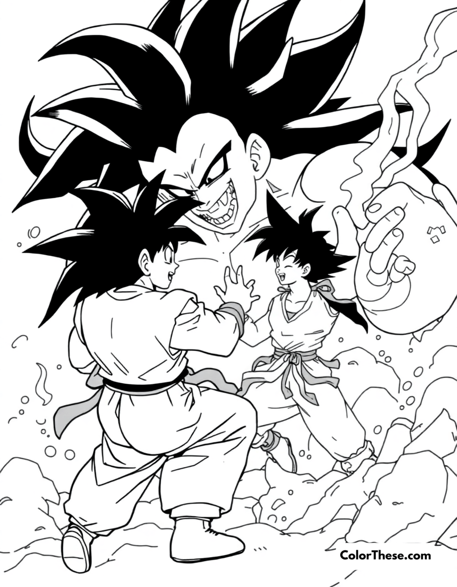 Free printable goku vs. majin buu coloring page for kids and adults - A goku (dragon ball) battling the magical majin buu.