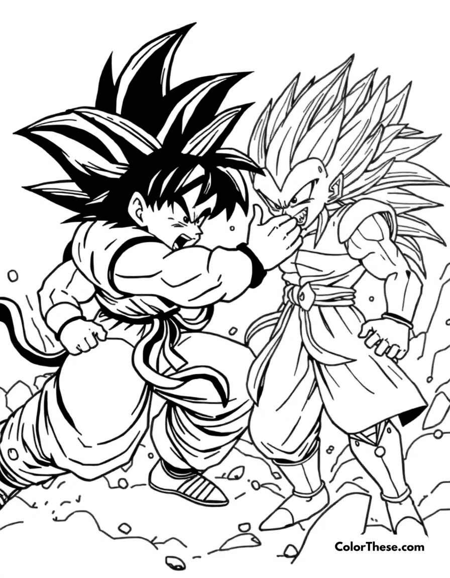 Free printable goku vs. vegeta coloring page for kids and adults - A goku (dragon ball) battling his rival, vegeta, in an epic showdown.