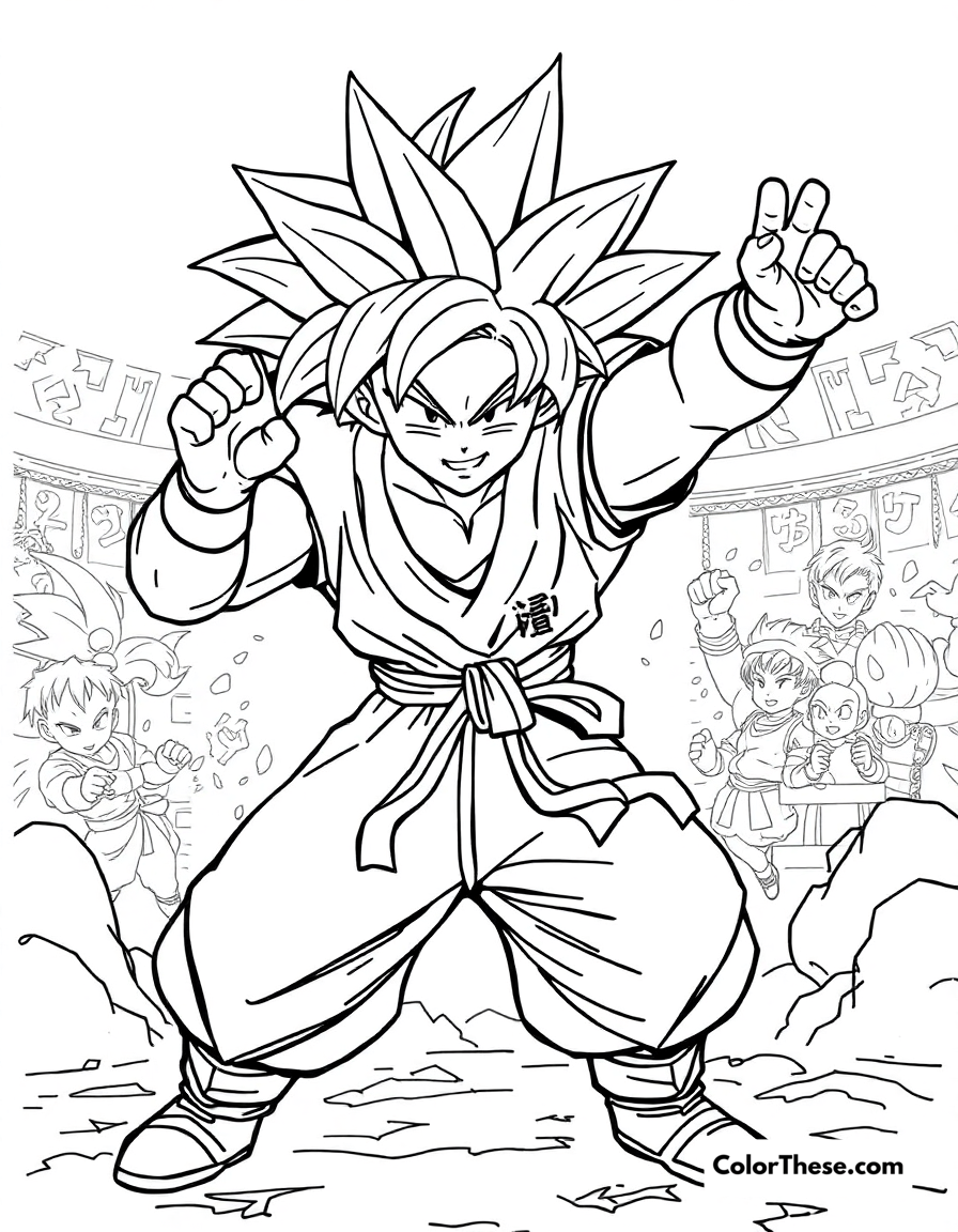 Free printable goku in the world tournament coloring page for kids and adults - A goku (dragon ball) competing in the world martial arts tournament.