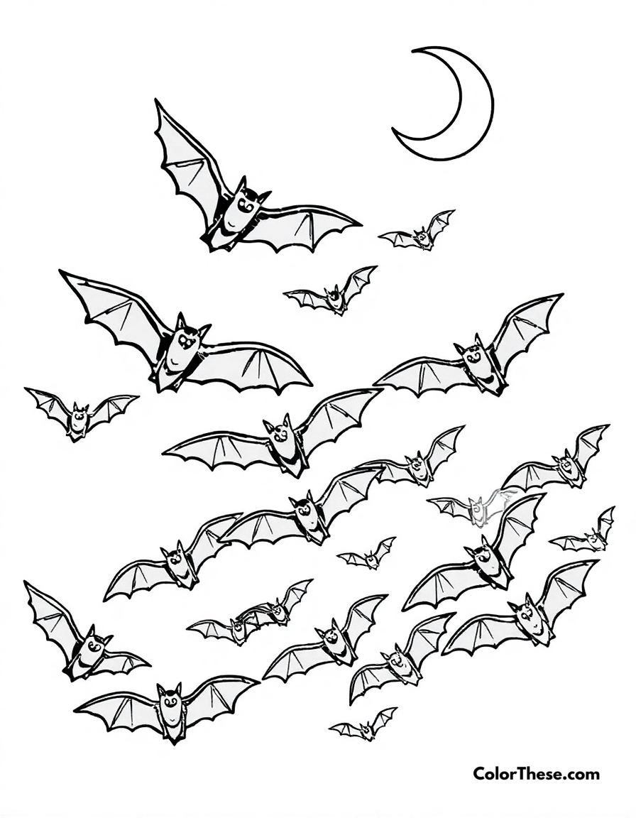 Free printable bat swarm in the night sky coloring page for kids and adults - A a swarm of bats flying under a crescent moon.