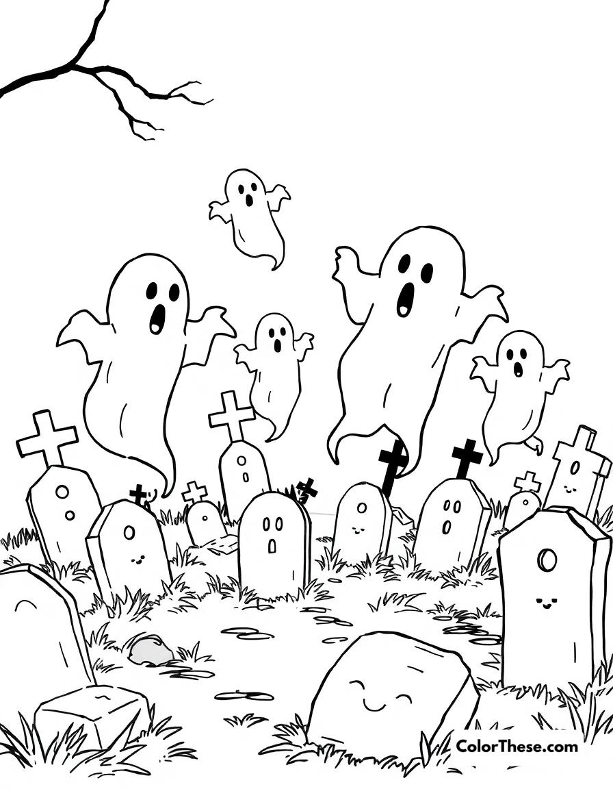 Free printable ghosts in a graveyard coloring page for kids and adults - A a group of ghosts floating in a spooky graveyard.