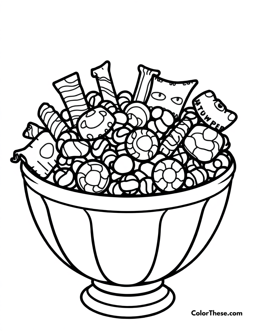 Free printable halloween candy bowl coloring page for kids and adults - A a bowl filled with assorted halloween candies.