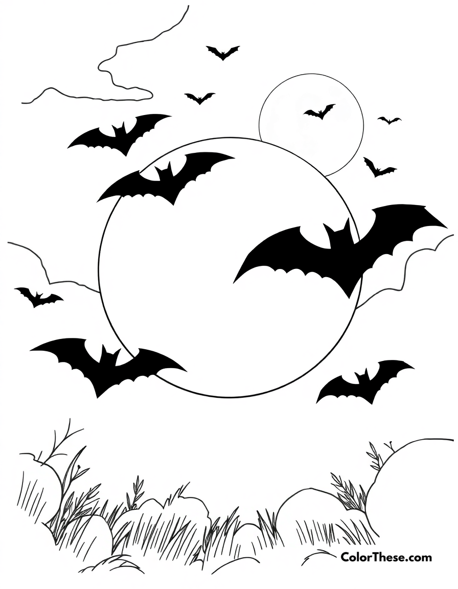 Free printable halloween night sky coloring page for kids and adults - A a spooky night sky with a full moon and bats.