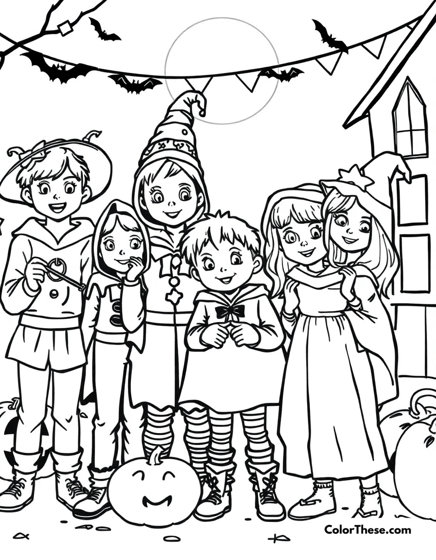 Free printable halloween party scene coloring page for kids and adults - A a group of kids in costumes at a halloween party.