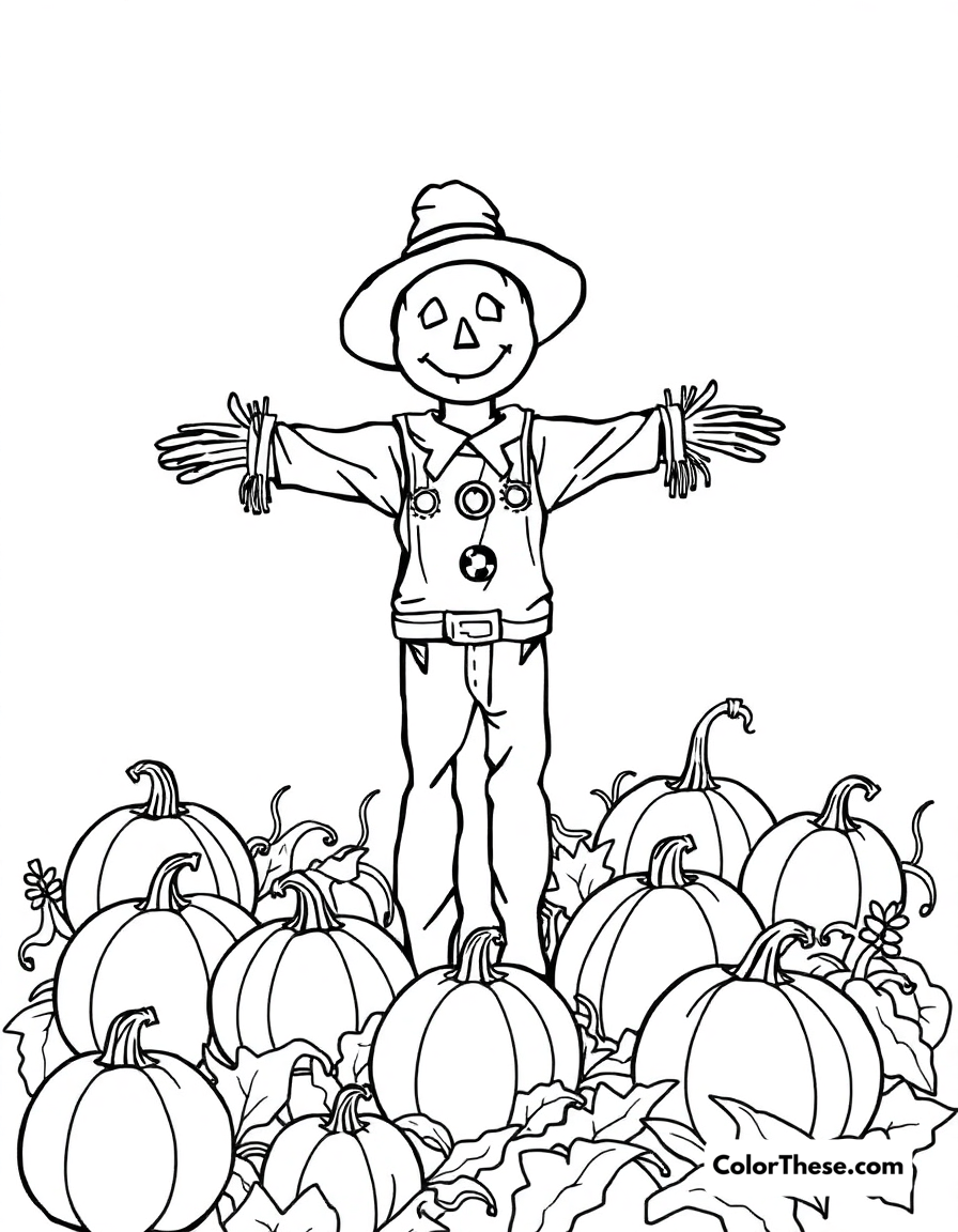 Free printable halloween scarecrow in a field coloring page for kids and adults - A a scarecrow standing in a pumpkin field.