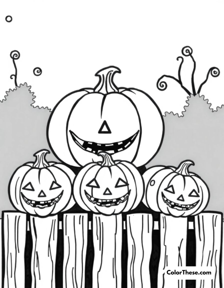 Free printable jack-o'-lanterns on a fence coloring page for kids and adults - A a row of carved pumpkins sitting on a wooden fence.