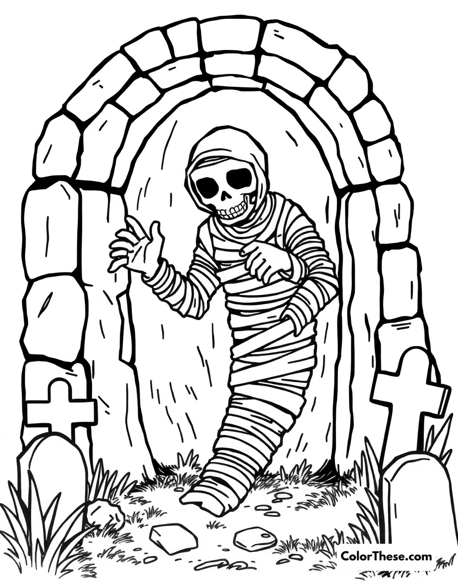 Free printable mummy in a tomb coloring page for kids and adults - A a mummy emerging from a tomb in a graveyard.