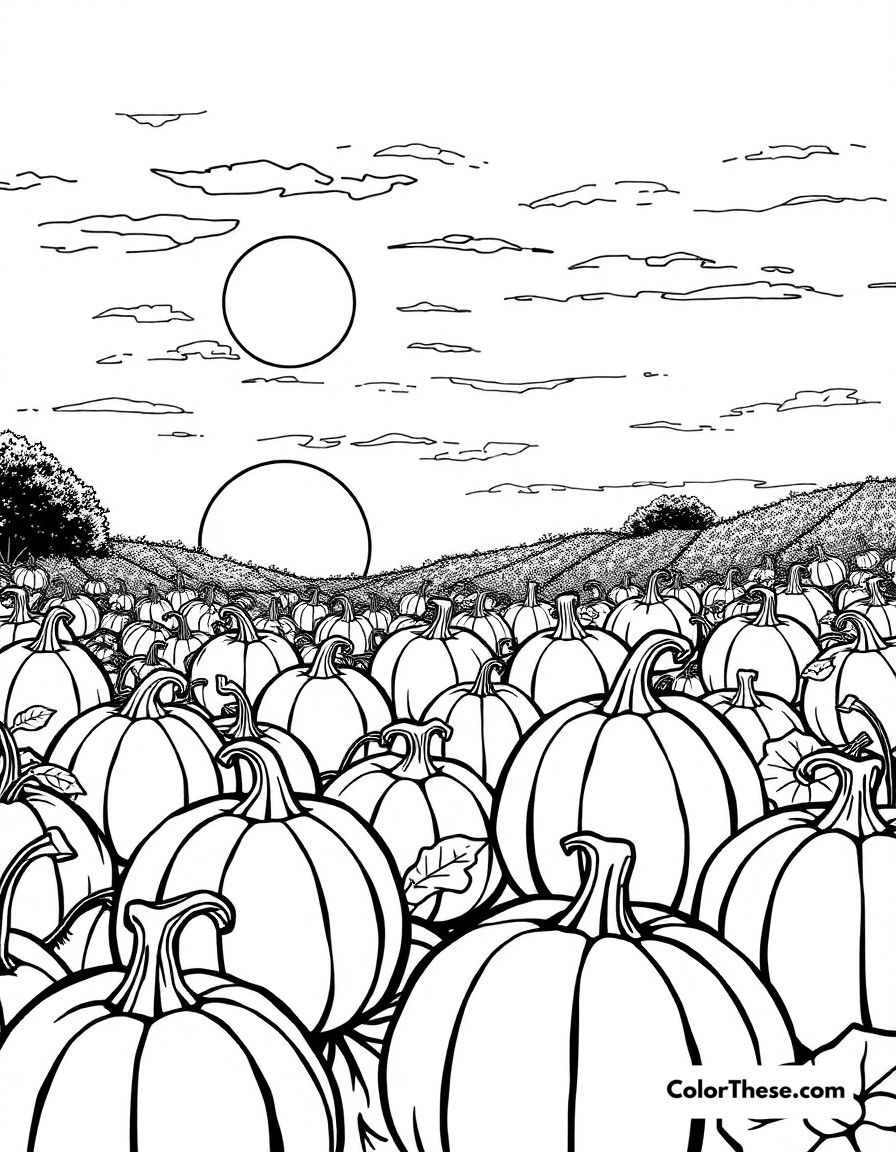 Free printable pumpkin patch at dusk coloring page for kids and adults - A a pumpkin patch glowing under the evening sky.