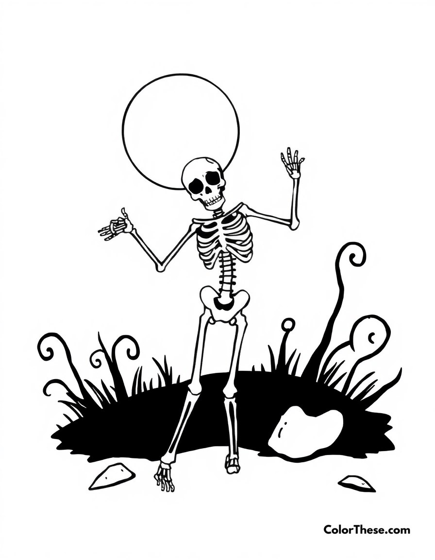 Free printable skeleton dancing in the moonlight coloring page for kids and adults - A a skeleton dancing under a full moon.