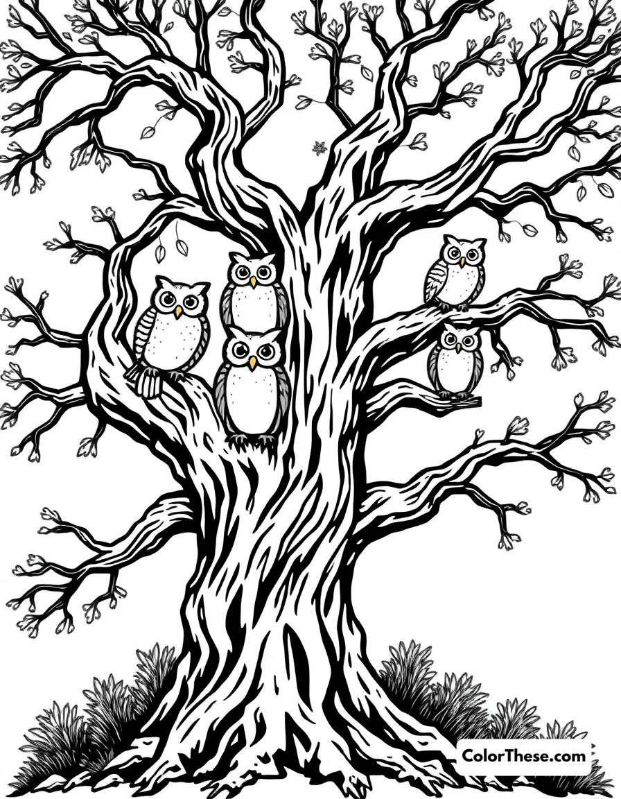 Free printable spooky tree with owls coloring page for kids and adults - A a gnarled tree with owls perched on its branches.