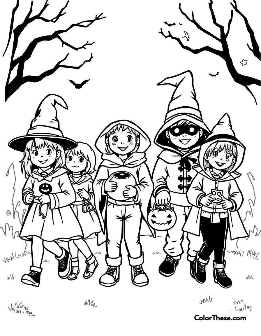 Free printable trick-or-treating kids coloring page for kids and adults - A a group of kids in costumes trick-or-treating.