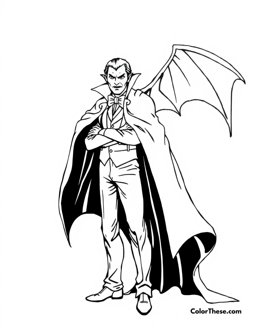 Free printable vampire in a cape coloring page for kids and adults - A a vampire standing in a dramatic pose with a flowing cape.