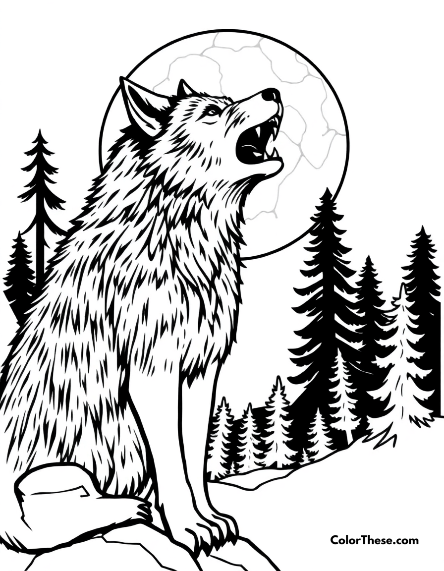 Free printable werewolf howling at the moon coloring page for kids and adults - A a werewolf howling at a full moon.