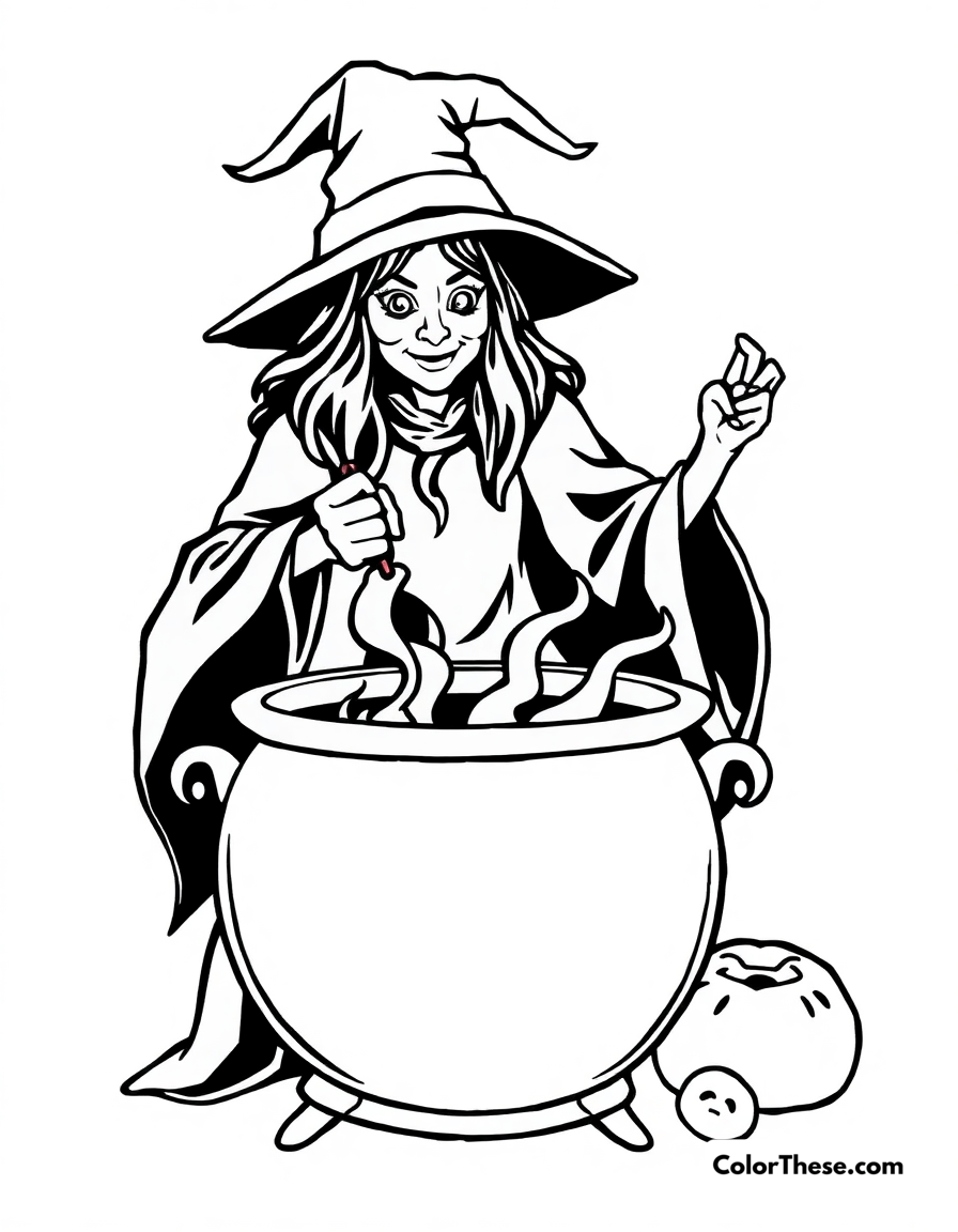 Free printable witch’s cauldron bubbling coloring page for kids and adults - A a witch stirring a bubbling cauldron.