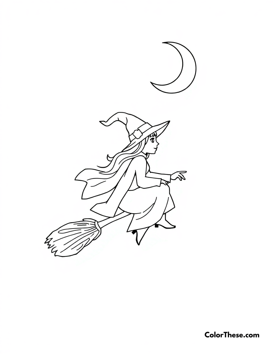 Free printable witch flying on a broomstick coloring page for kids and adults - A a witch flying on a broomstick under a crescent moon.