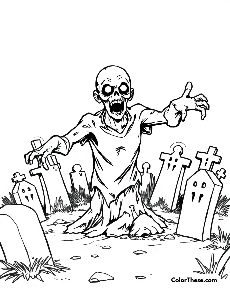 Free printable zombie rising from the ground coloring page for kids and adults - A a zombie emerging from the ground in a graveyard.