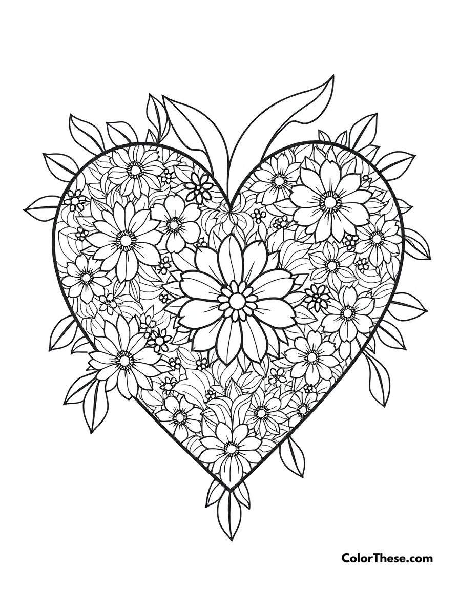 Free printable floral heart design coloring page for kids and adults - A a heart filled with intricate floral patterns.