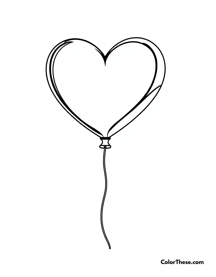 Free printable heart-shaped balloon coloring page for kids and adults - A a heart-shaped balloon floating in the air.