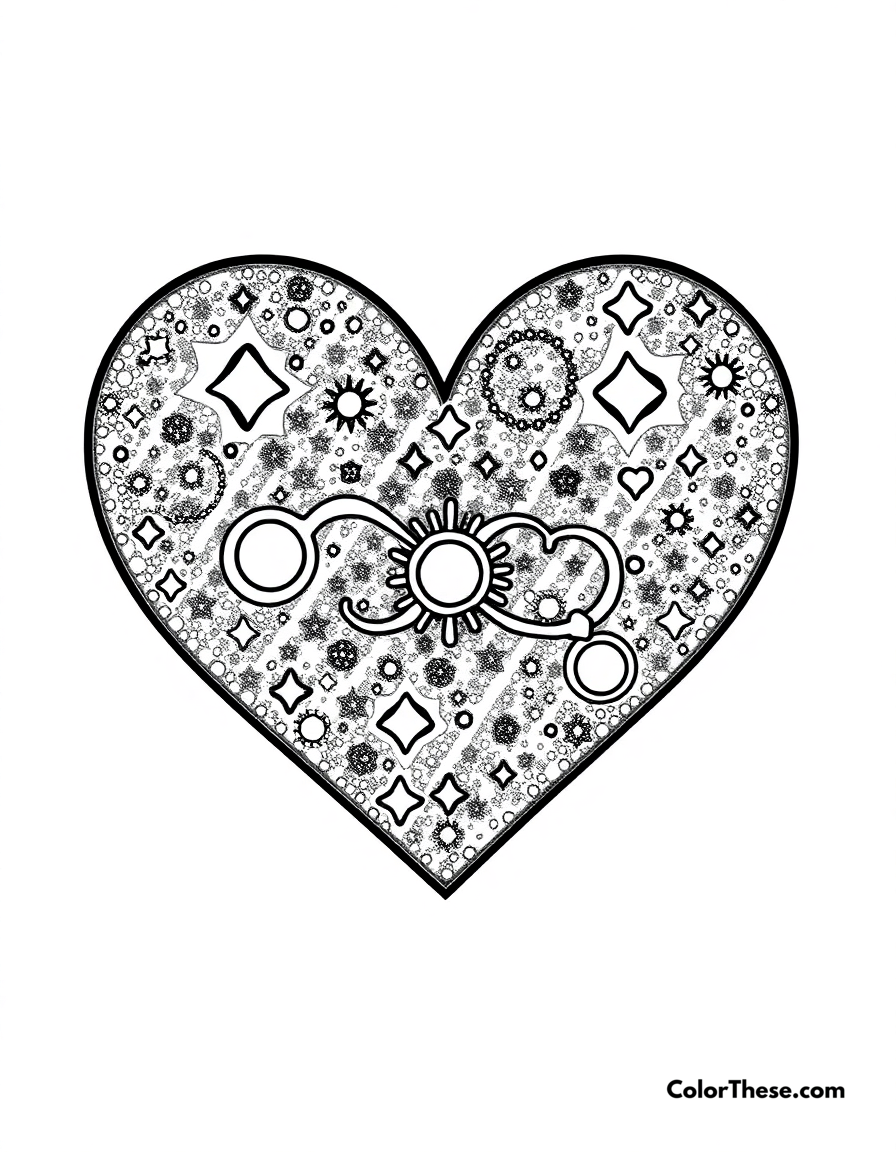 Free printable heart-shaped galaxy coloring page for kids and adults - A a heart filled with a galaxy design, symbolizing infinite love.