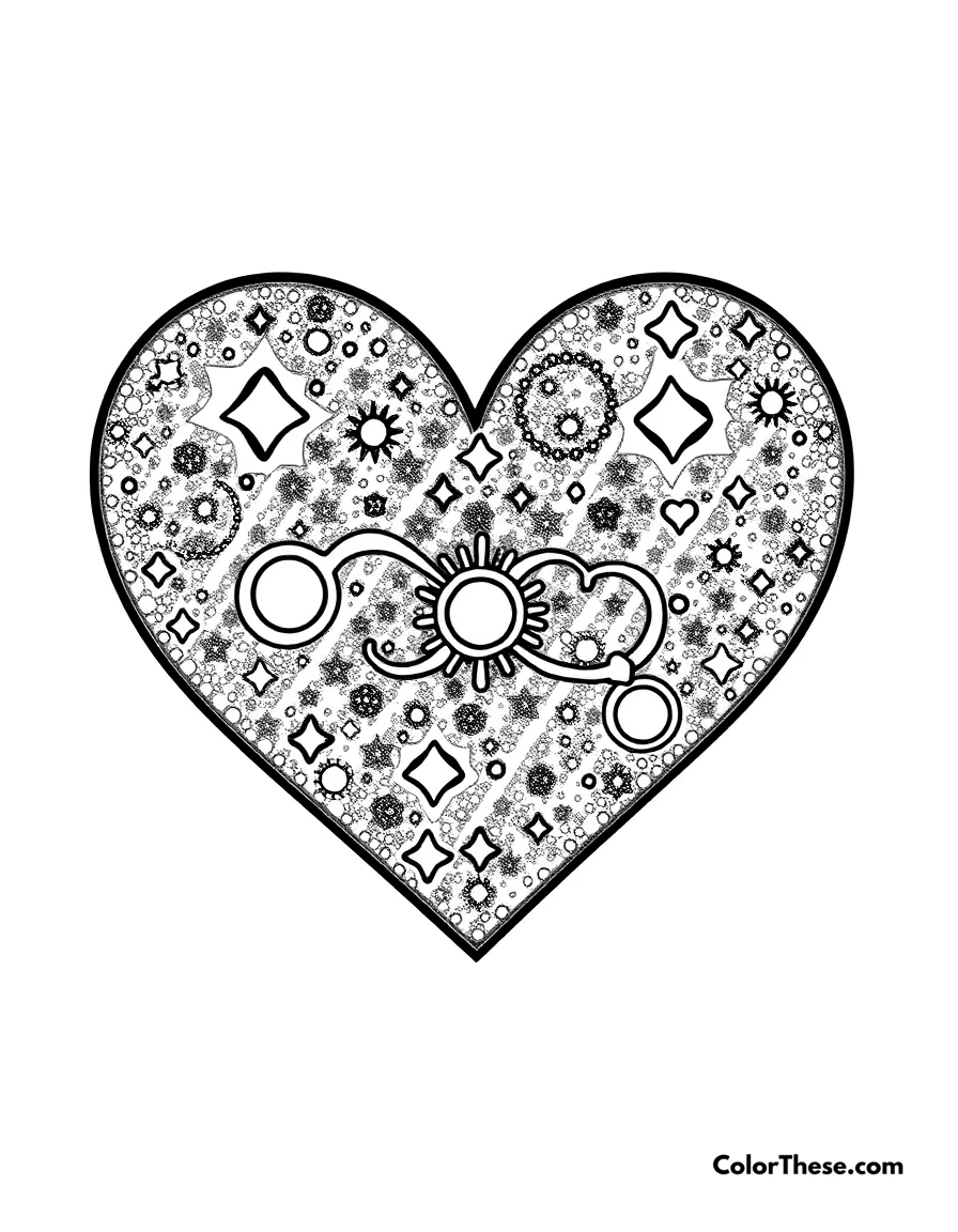 Free printable heart-shaped galaxy coloring page. A heart filled with a galaxy design, symbolizing infinite love.