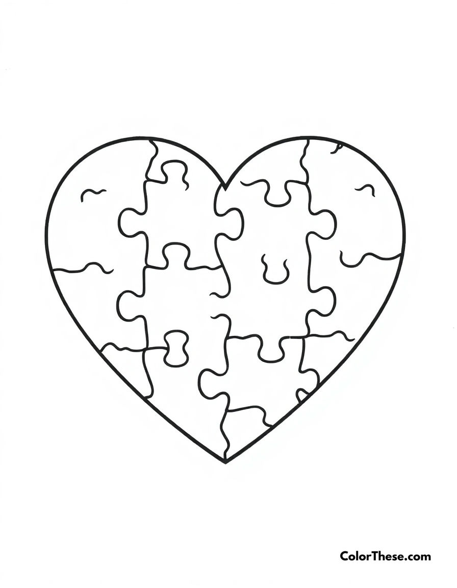 Free printable heart-shaped puzzle coloring page for kids and adults - A a heart made up of interlocking puzzle pieces.