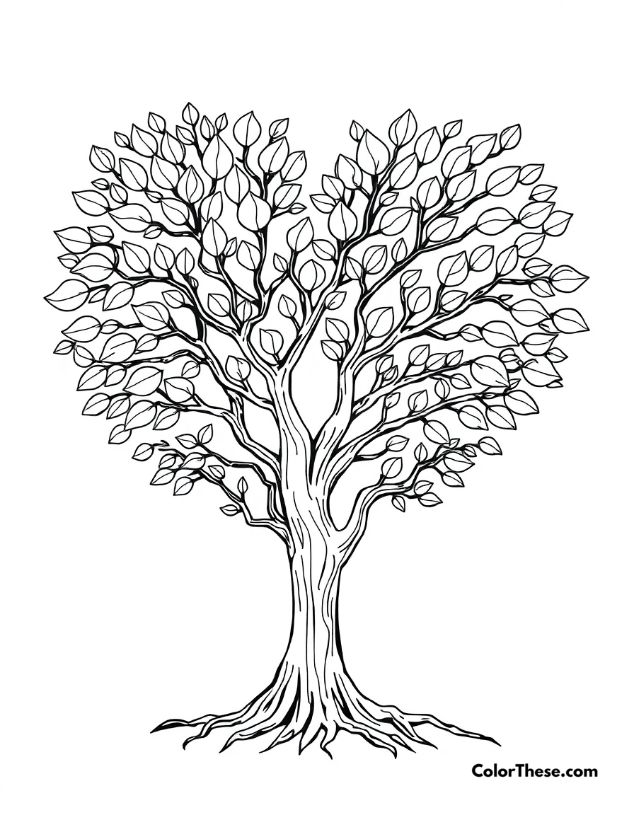 Free printable heart-shaped tree coloring page for kids and adults - A a tree shaped like a heart, symbolizing growth and love.