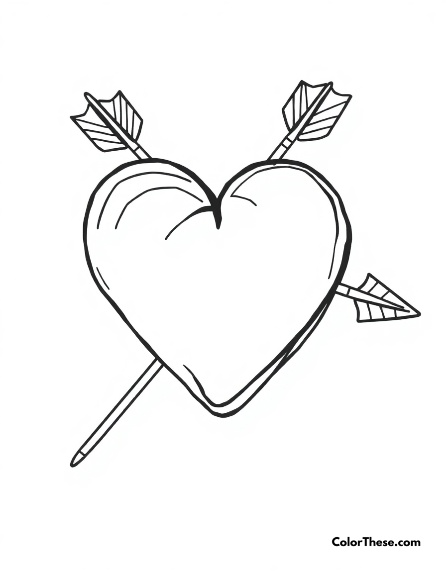 Free printable heart with arrow coloring page for kids and adults - A a heart pierced by an arrow, symbolizing love.