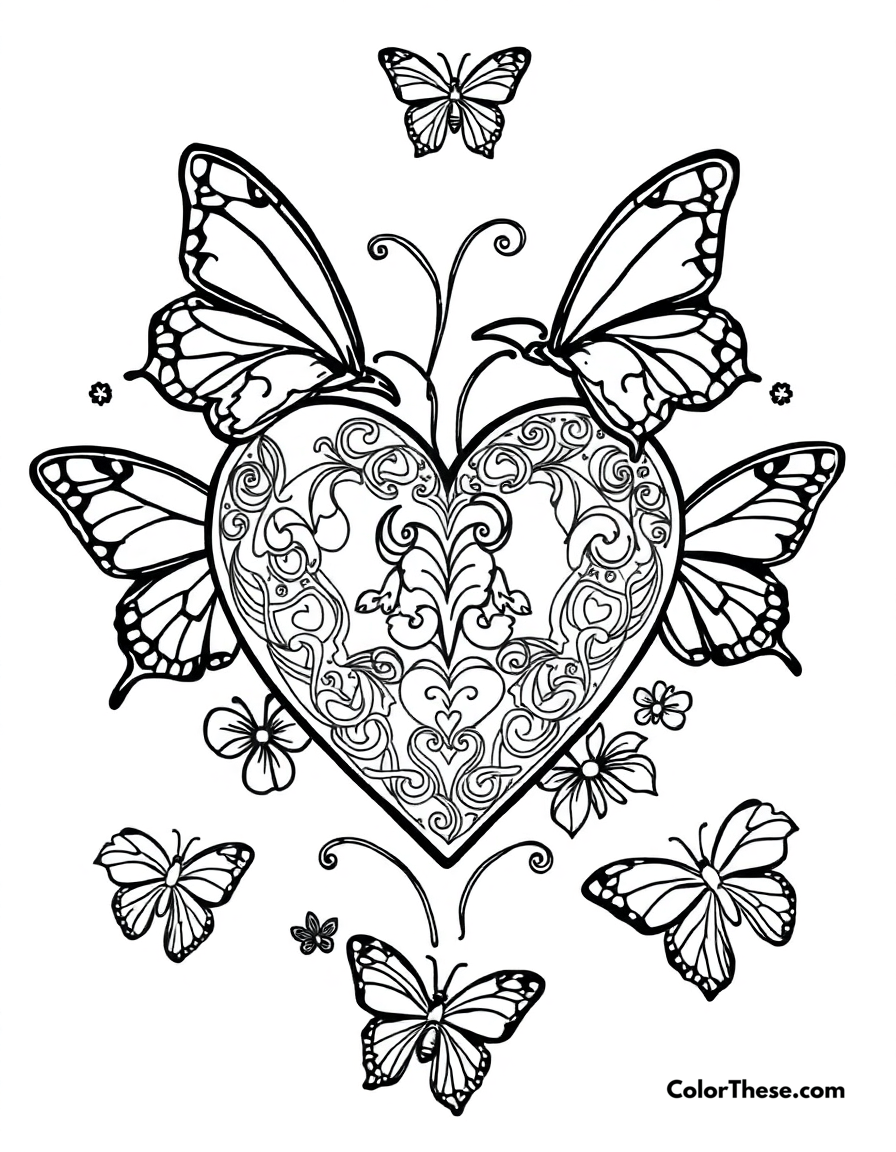 Free printable heart with butterflies coloring page for kids and adults - A a heart surrounded by butterflies.