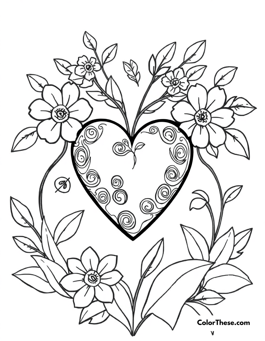 Free printable heart with flowers and leaves coloring page for kids and adults - A a heart surrounded by flowers and leaves, symbolizing nature and love.