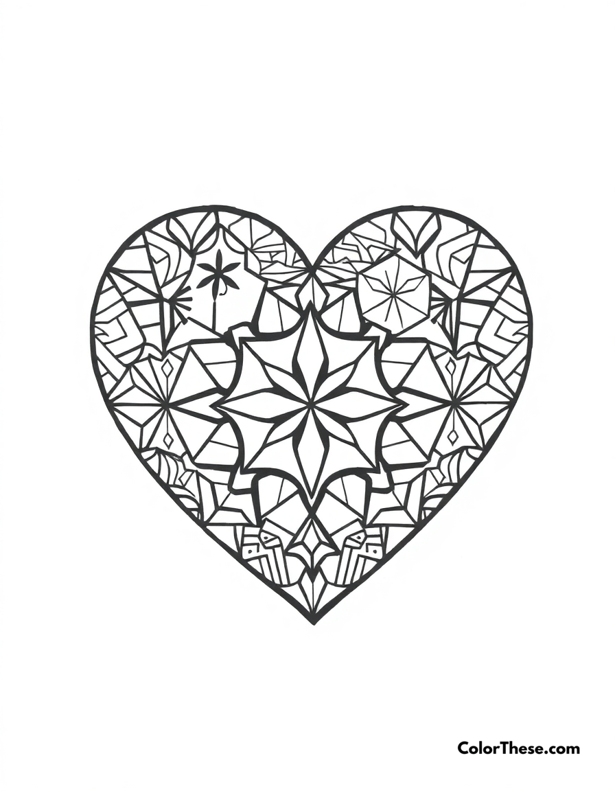 Free printable heart with geometric patterns coloring page for kids and adults - A a heart filled with geometric shapes and patterns.