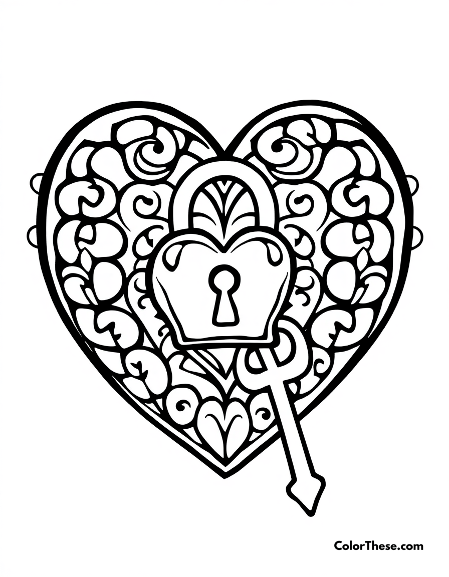 Free printable heart with lock and key coloring page for kids and adults - A a heart with a lock and key, symbolizing love and security.