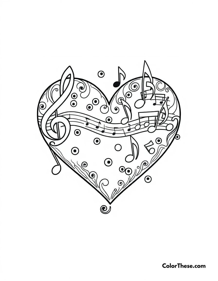 Free printable heart with music notes coloring page for kids and adults - A a heart filled with music notes, symbolizing love for music.