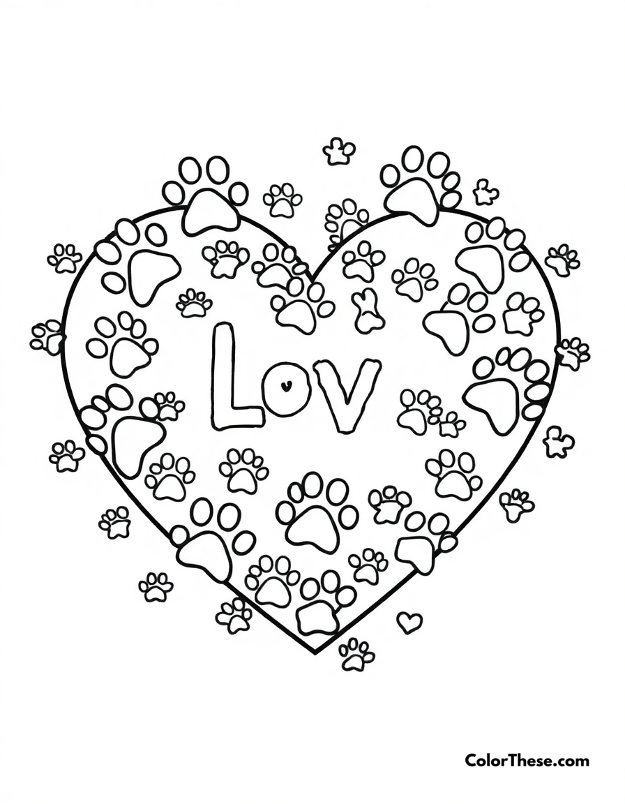 Free printable heart with paw prints coloring page for kids and adults - A a heart filled with paw prints, symbolizing love for pets.