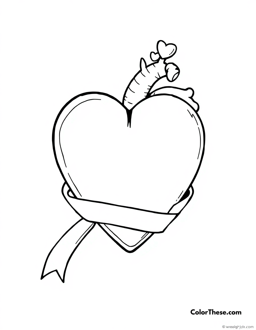 Free printable heart with ribbon coloring page for kids and adults - A a heart wrapped in a ribbon, symbolizing love and care.