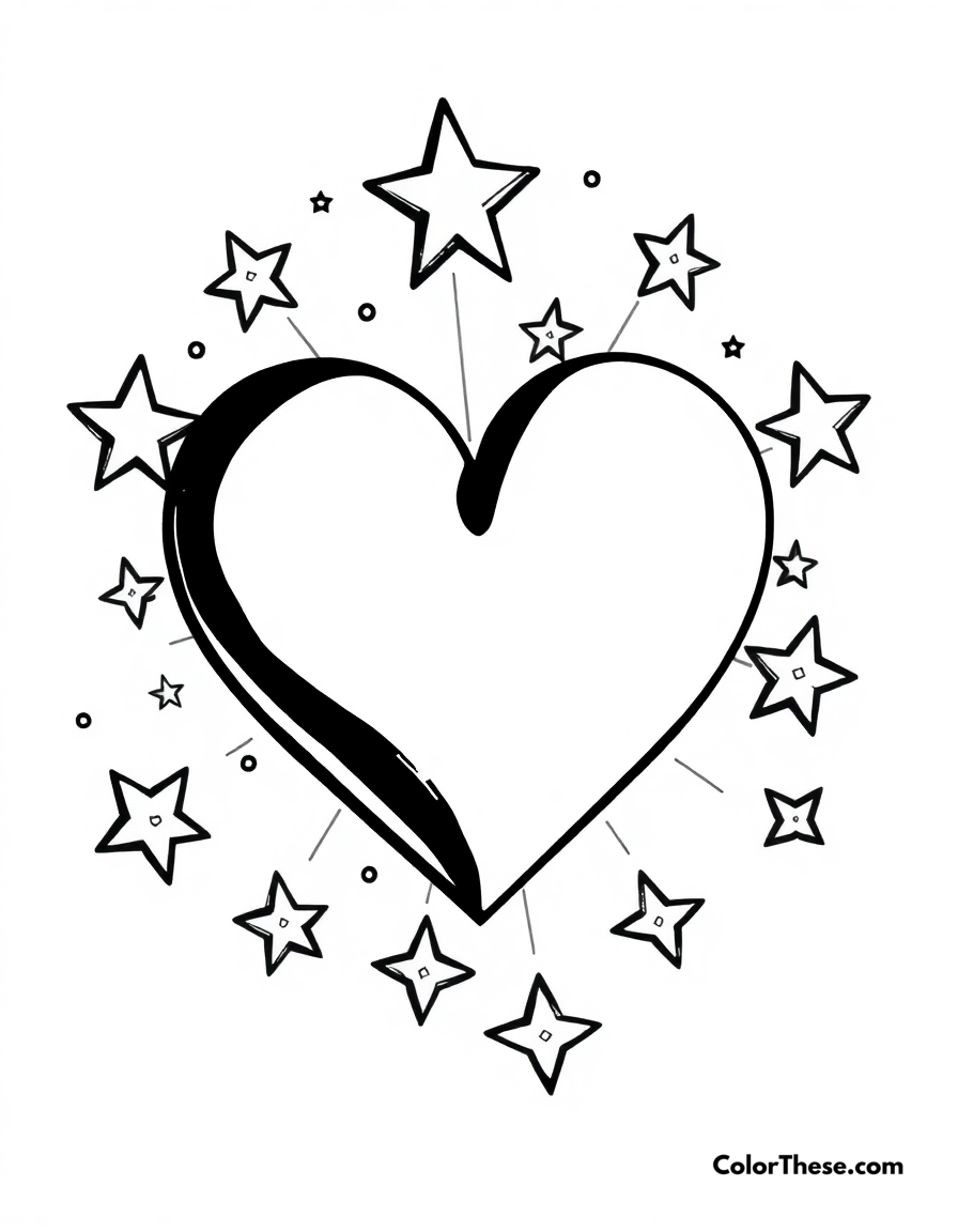 Free printable heart with stars coloring page for kids and adults - A a heart surrounded by stars, symbolizing dreams and love.