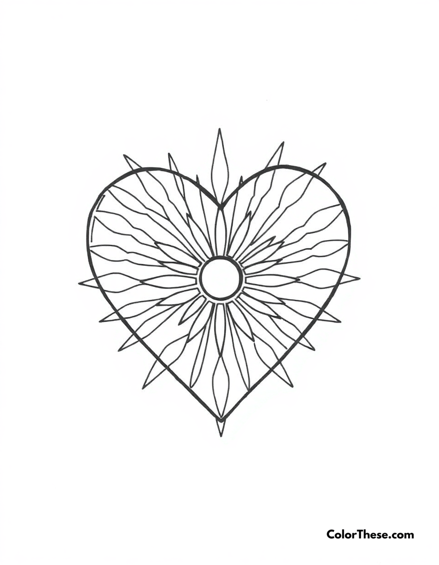 Free printable heart with sunburst coloring page for kids and adults - A a heart with a sunburst design, symbolizing warmth and love.