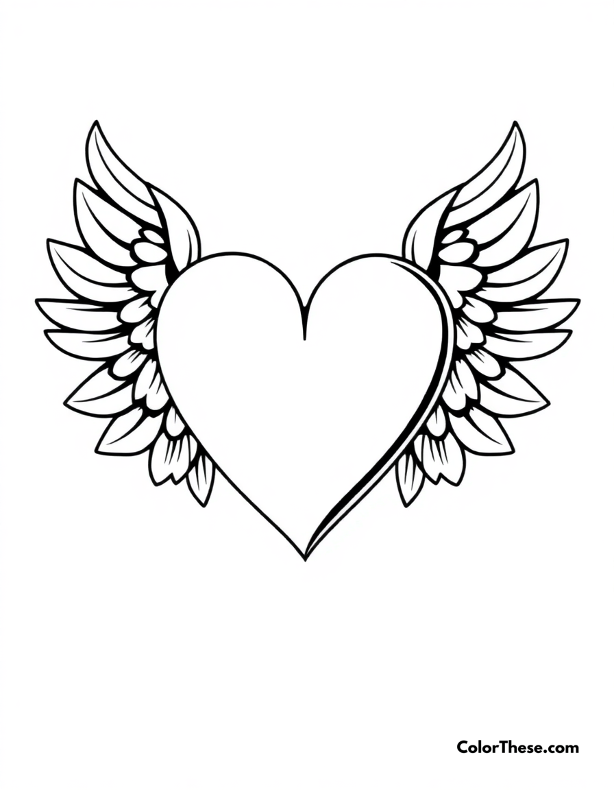 Free printable heart with wings coloring page for kids and adults - A a heart with angel wings, symbolizing love and freedom.