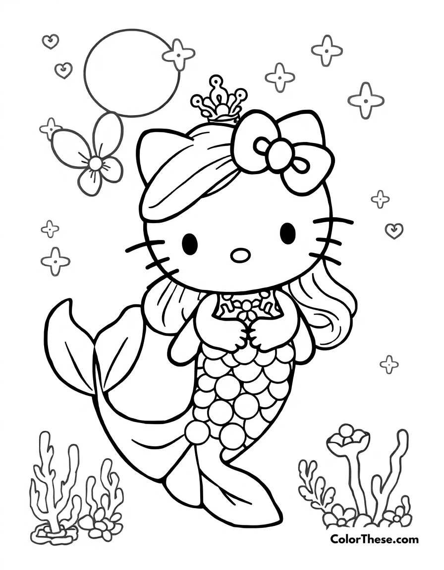 Free printable hello kitty as a mermaid coloring page for kids and adults - A hello kitty (sanrio) transformed into a magical mermaid.